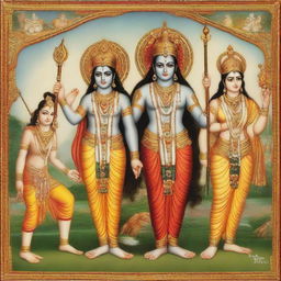 A 25 year old dignified Lord Rama, warrior, with Sita Mata, Sri Lakshman, and a bow, representing Indian mythology