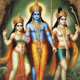 A 25 year old dignified Lord Rama, warrior, with Sita Mata, Sri Lakshman, and a bow, representing Indian mythology