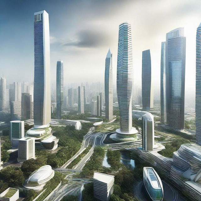 Futuristic cityscape of Jakarta, envisioning how it might look after a thousand years with advanced technology and dramatic architecture