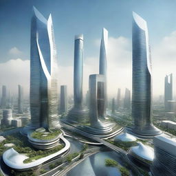 Futuristic cityscape of Jakarta, envisioning how it might look after a thousand years with advanced technology and dramatic architecture