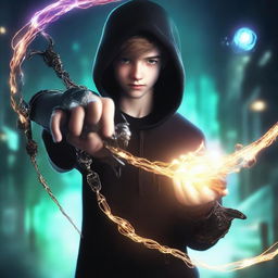 Teenage boy dressed in a black hoodie and black pants, possessing a mechanical arm, and wielding a magical bow glowing with mystical energy.