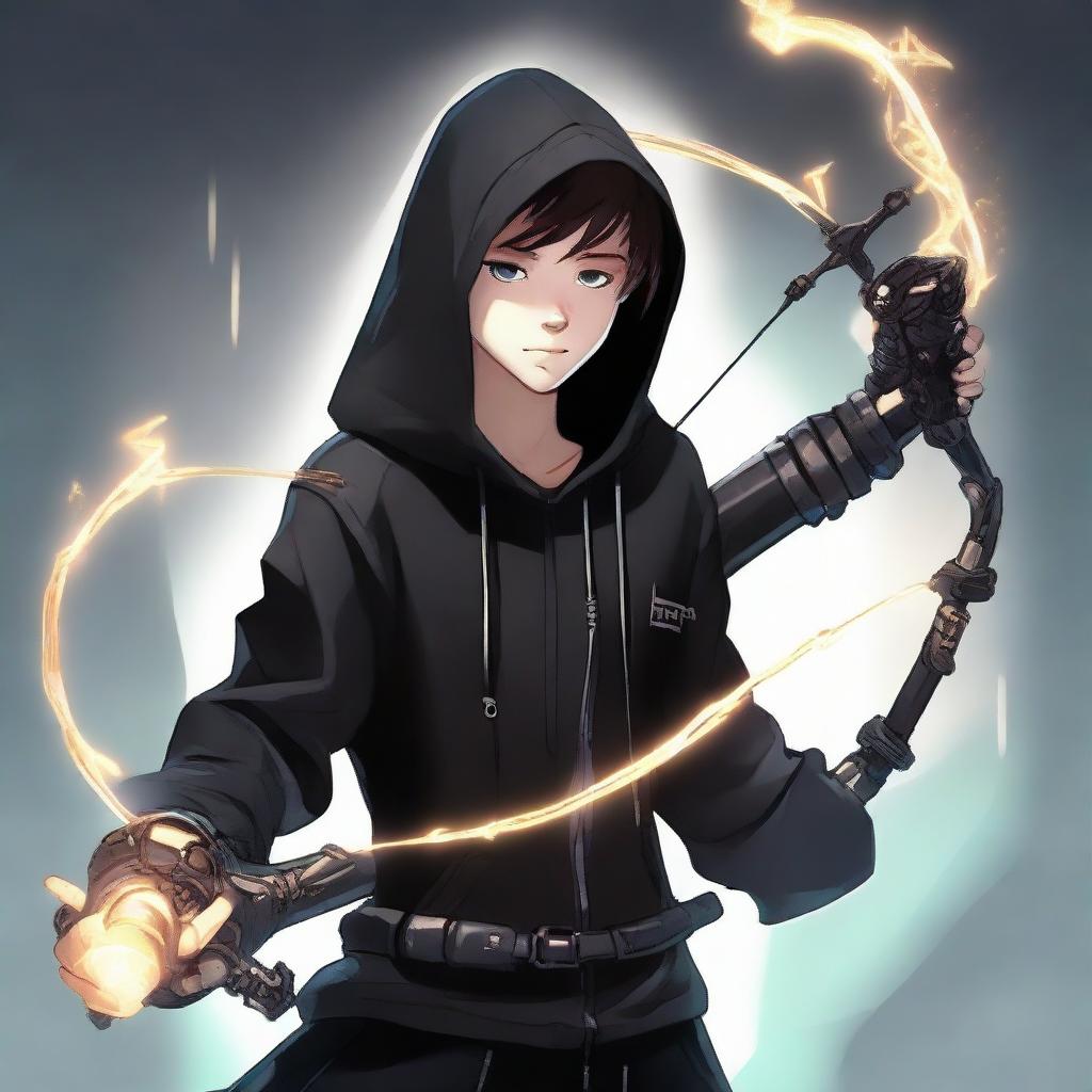 Teenage boy dressed in a black hoodie and black pants, possessing a mechanical arm, and wielding a magical bow glowing with mystical energy.