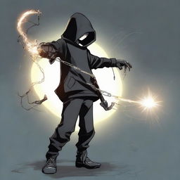 Teenage boy dressed in a black hoodie and black pants, possessing a mechanical arm, and wielding a magical bow glowing with mystical energy.