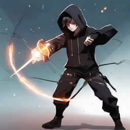 Teenage boy dressed in a black hoodie and black pants, possessing a mechanical arm, and wielding a magical bow glowing with mystical energy.