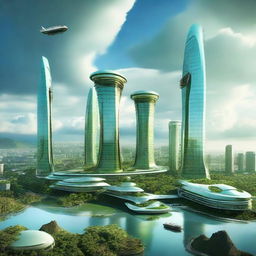 Futuristic view of Pacitan, Indonesia, a thousand years from now with high-rise buildings, advanced technology, green energy sources, and flying machines.