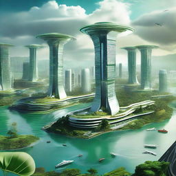 Futuristic view of Pacitan, Indonesia, a thousand years from now with high-rise buildings, advanced technology, green energy sources, and flying machines.