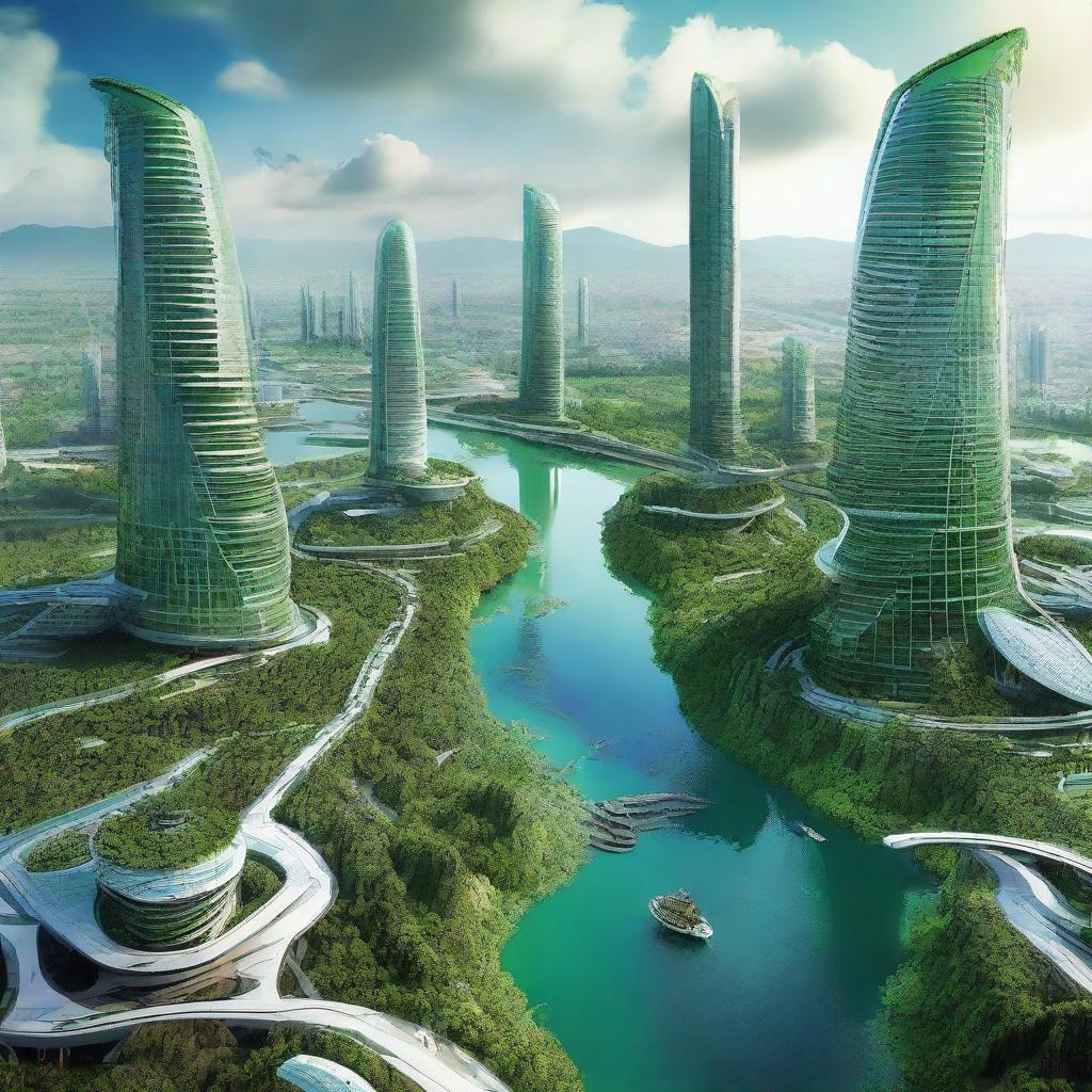 Futuristic view of Pacitan, Indonesia, a thousand years from now with high-rise buildings, advanced technology, green energy sources, and flying machines.