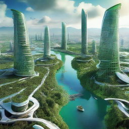 Futuristic view of Pacitan, Indonesia, a thousand years from now with high-rise buildings, advanced technology, green energy sources, and flying machines.