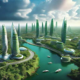 Futuristic view of Pacitan, Indonesia, a thousand years from now with high-rise buildings, advanced technology, green energy sources, and flying machines.