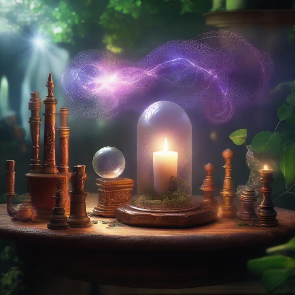 A scene filled with magic, featuring enchanted elements and mystical aura emanated from magical devices, artifacts, or natural phenomenon.