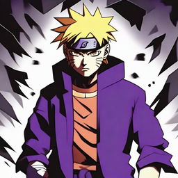 Naruto Uzumaki from the popular anime series Naruto displayed in a dark, brooding atmosphere, with black and deep purple shadows enhancing his intense expression