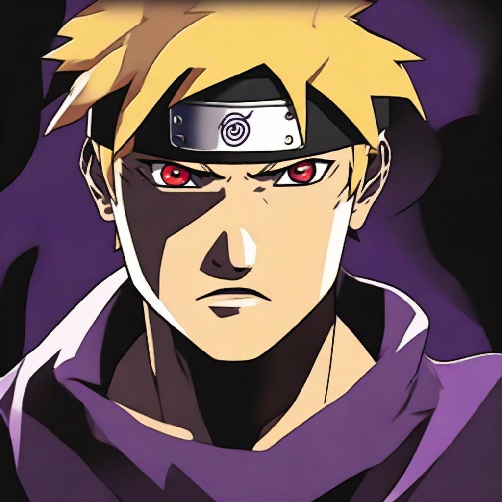 Naruto Uzumaki from the popular anime series Naruto displayed in a dark, brooding atmosphere, with black and deep purple shadows enhancing his intense expression