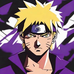 Naruto Uzumaki from the popular anime series Naruto displayed in a dark, brooding atmosphere, with black and deep purple shadows enhancing his intense expression