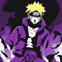 Naruto Uzumaki from the popular anime series Naruto displayed in a dark, brooding atmosphere, with black and deep purple shadows enhancing his intense expression