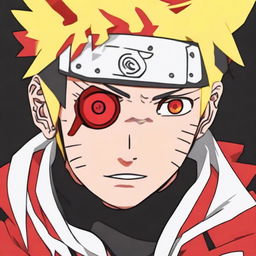 Naruto Uzumaki from the popular anime series Naruto displaying a vividly red Sharingan, a unique eye ability, normally seen on the Uchiha clan members.