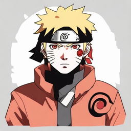 Naruto Uzumaki from the popular anime series Naruto displaying a vividly red Sharingan, a unique eye ability, normally seen on the Uchiha clan members.