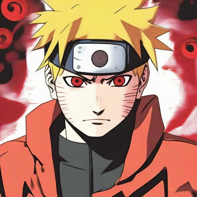 Naruto Uzumaki from the popular anime series Naruto displaying a vividly red Sharingan, a unique eye ability, normally seen on the Uchiha clan members.