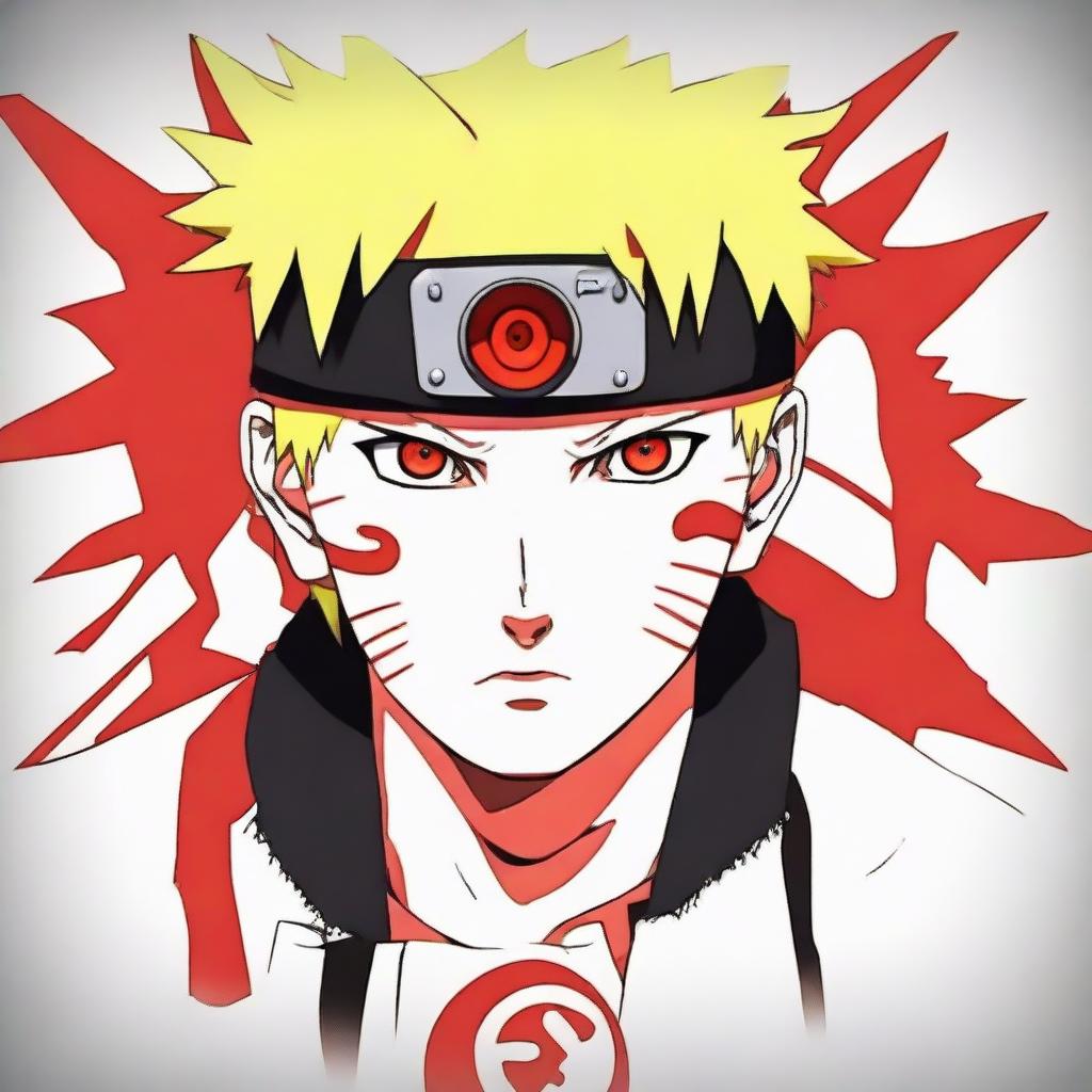 Naruto Uzumaki from the popular anime series Naruto displaying a vividly red Sharingan, a unique eye ability, normally seen on the Uchiha clan members.