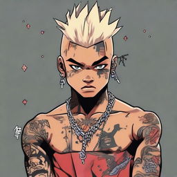 Reimagining American rapper XXXTentacion as an anime character, retaining signature tattoos and hairstyle, but adopting a distinctive anime style.