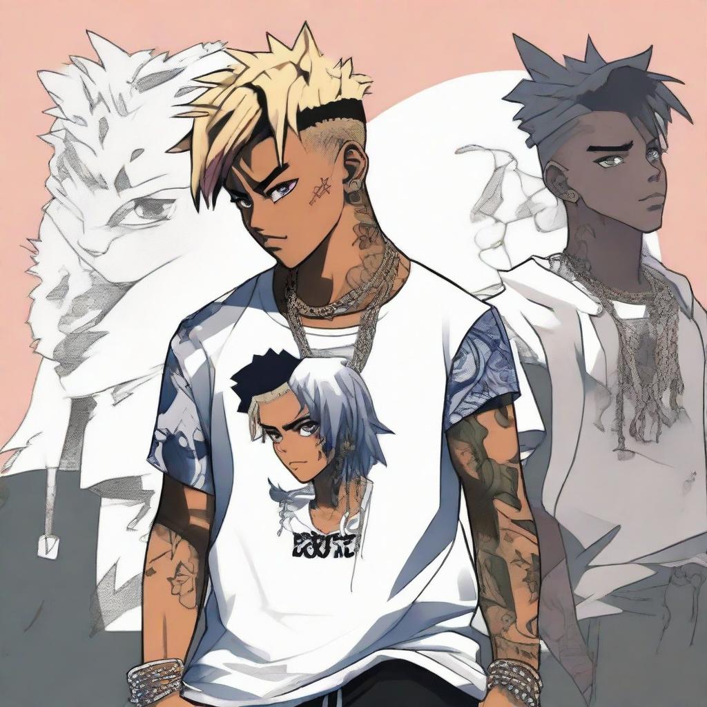 Reimagining American rapper XXXTentacion as an anime character, retaining signature tattoos and hairstyle, but adopting a distinctive anime style.