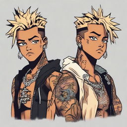 Reimagining American rapper XXXTentacion as an anime character, retaining signature tattoos and hairstyle, but adopting a distinctive anime style.