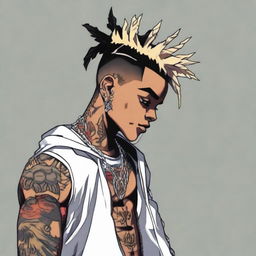 Anime-styled portrayal of American rapper XXXTentacion, incorporating his signature tattoos, unique hairstyle, and edgy clothing.