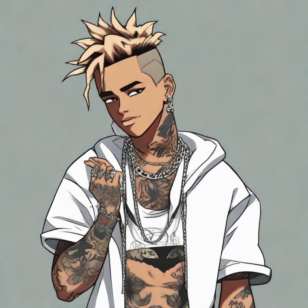 Anime-styled portrayal of American rapper XXXTentacion, incorporating his signature tattoos, unique hairstyle, and edgy clothing.