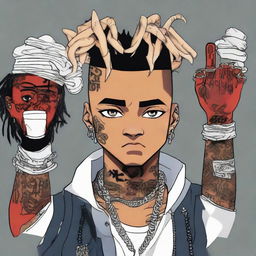 Anime-styled portrayal of American rapper XXXTentacion, incorporating his signature tattoos, unique hairstyle, and edgy clothing.