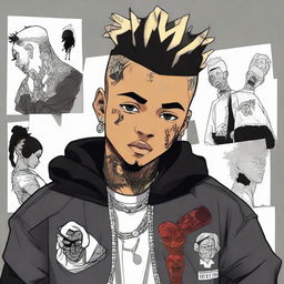 Anime-styled portrayal of American rapper XXXTentacion, incorporating his signature tattoos, unique hairstyle, and edgy clothing.