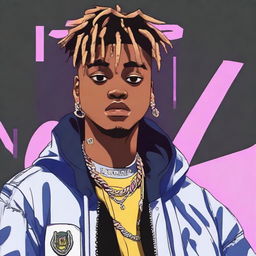 Anime-styled portrayal of American rapper Juice WRLD, incorporating his unique sense of style and capturing his distinctive musical persona.