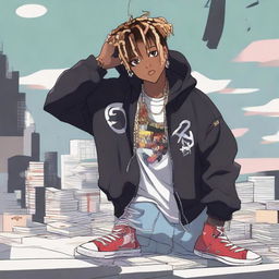 Anime-styled portrayal of American rapper Juice WRLD, incorporating his unique sense of style and capturing his distinctive musical persona.