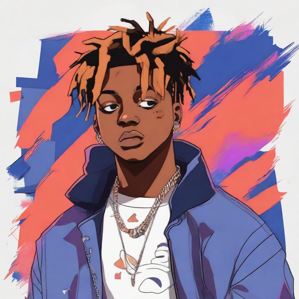 Anime-styled portrayal of American rapper Juice WRLD, incorporating his unique sense of style and capturing his distinctive musical persona.