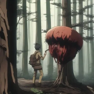 In the anime series 'Attack on Titan', there is a scene where the characters encounter a blood cup fungus in a dark forest.