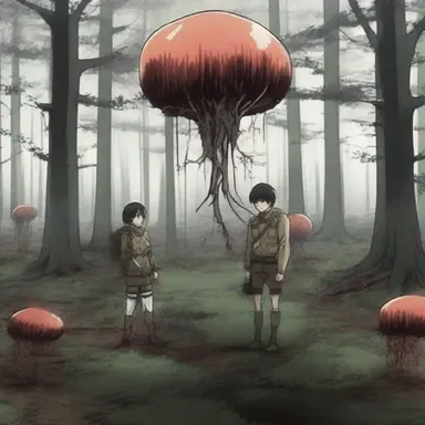 In the anime series 'Attack on Titan', there is a scene where the characters encounter a blood cup fungus in a dark forest.