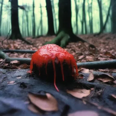 The horror film 'The Blair Witch Project' features a blood cup fungus as a haunting and eerie element in the forest setting.