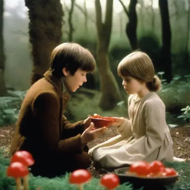 In the romantic movie 'The Secret Garden', the main characters share a magical moment surrounded by the beauty of blood cup fungi in a secluded garden.