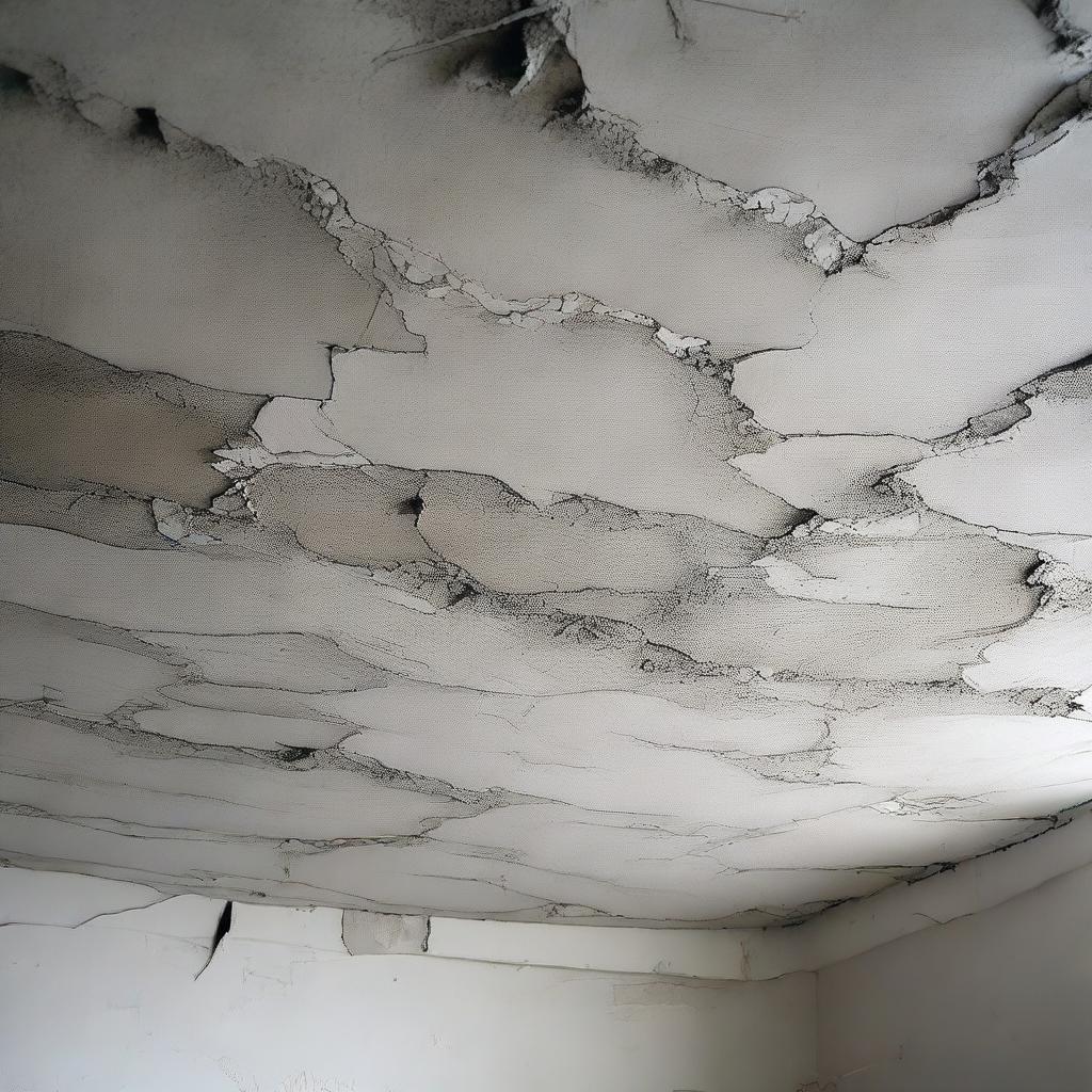 A detailed view of a damaged ceiling slab made from reinforced cement concrete, showcasing visible cracks and deteriorations.