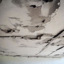 A detailed view of a damaged ceiling slab made from reinforced cement concrete, showcasing visible cracks and deteriorations.