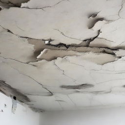 A detailed view of a damaged ceiling slab made from reinforced cement concrete, showcasing visible cracks and deteriorations.
