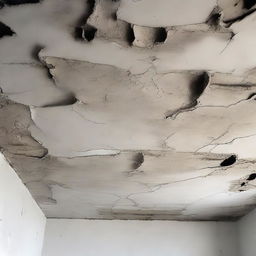 A detailed view of a damaged ceiling slab made from reinforced cement concrete, showcasing visible cracks and deteriorations.