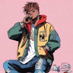 Anime-styled depiction of American rapper Juice WRLD, preserving his distinct fashion style and capturing his iconic musical essence.