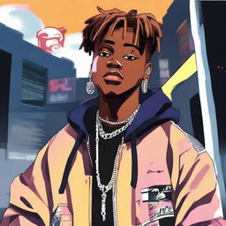 Anime-styled depiction of American rapper Juice WRLD, preserving his distinct fashion style and capturing his iconic musical essence.