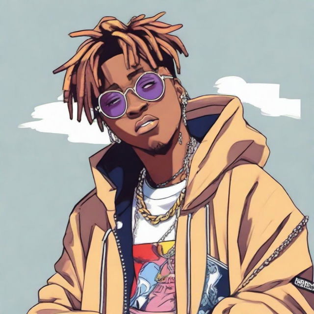 Anime-styled depiction of American rapper Juice WRLD, preserving his distinct fashion style and capturing his iconic musical essence.