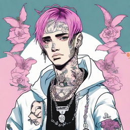 Anime-styled illustration of American rapper Lil Peep, incorporating his unique tattoos, hair style, and clothing.