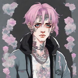 Anime-styled illustration of American rapper Lil Peep, incorporating his unique tattoos, hair style, and clothing.