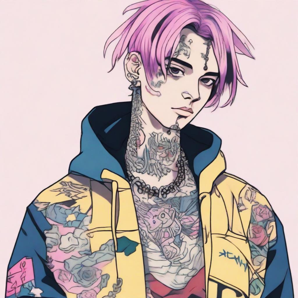 Anime-styled illustration of American rapper Lil Peep, incorporating his unique tattoos, hair style, and clothing.