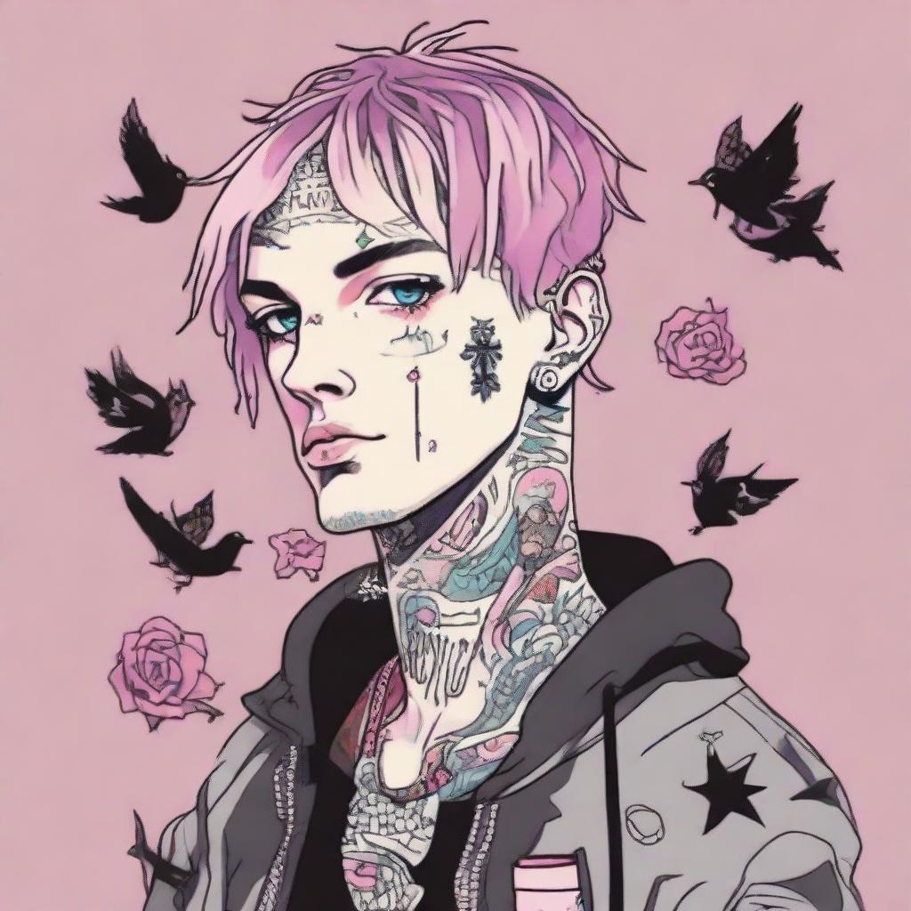 Anime-styled illustration of American rapper Lil Peep, incorporating his unique tattoos, hair style, and clothing.