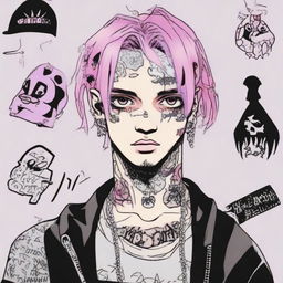 Anime-styled depiction of American rapper Lil Peep, known for his distinctive tattoos, hairstyle, and punk fashion sense.