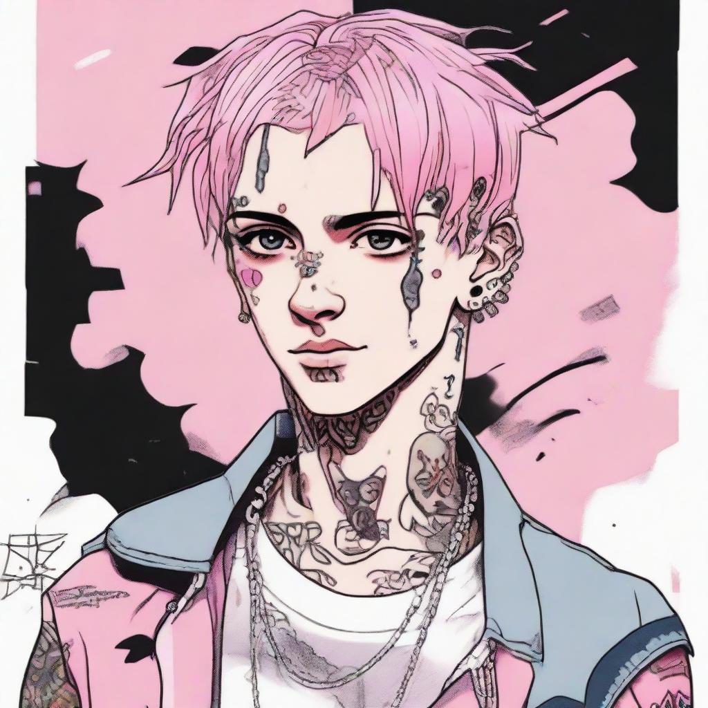 Anime-styled depiction of American rapper Lil Peep, known for his distinctive tattoos, hairstyle, and punk fashion sense.