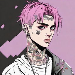 Anime-styled depiction of American rapper Lil Peep, known for his distinctive tattoos, hairstyle, and punk fashion sense.